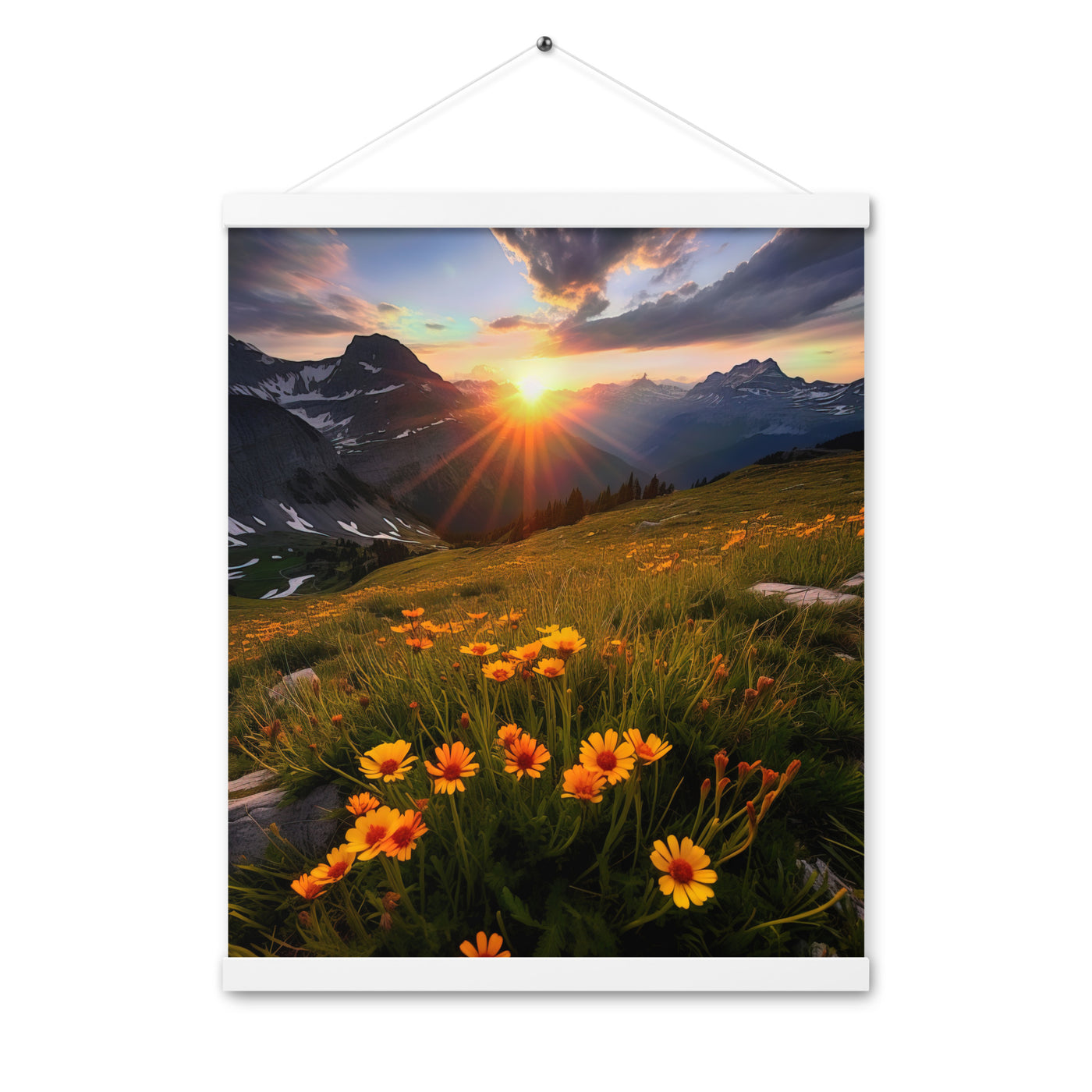 Gebirge, Sonnenblumen und Sonnenaufgang - Premium Poster mit Aufhängung berge xxx 40.6 x 50.8 cm