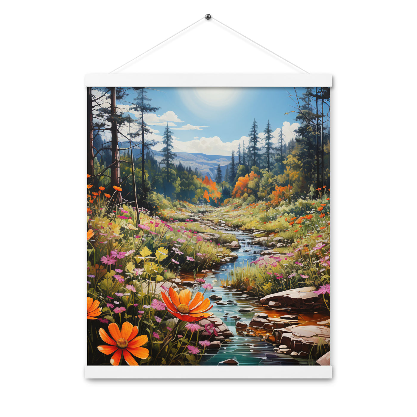Berge, schöne Blumen und Bach im Wald - Premium Poster mit Aufhängung berge xxx 40.6 x 50.8 cm