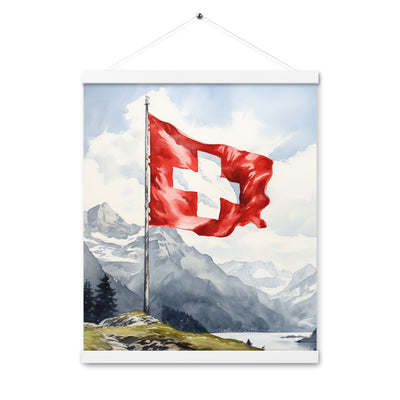 Schweizer Flagge und Berge im Hintergrund - Epische Stimmung - Malerei - Premium Poster mit Aufhängung berge xxx 40.6 x 50.8 cm