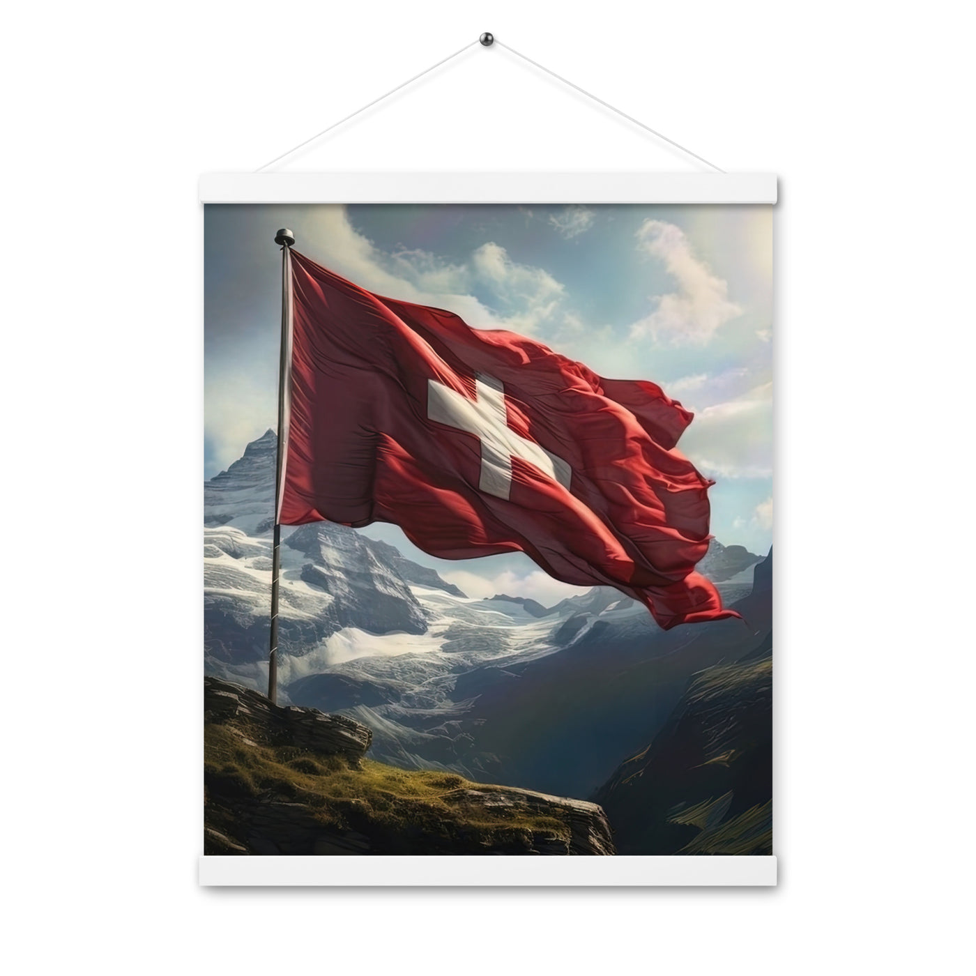 Schweizer Flagge und Berge im Hintergrund - Fotorealistische Malerei - Premium Poster mit Aufhängung berge xxx 40.6 x 50.8 cm