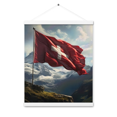 Schweizer Flagge und Berge im Hintergrund - Fotorealistische Malerei - Premium Poster mit Aufhängung berge xxx 40.6 x 50.8 cm