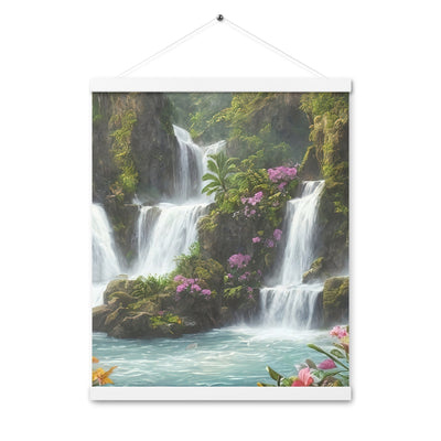 Wasserfall im Wald und Blumen - Schöne Malerei - Premium Poster mit Aufhängung camping xxx 40.6 x 50.8 cm