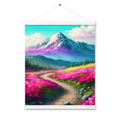 Berg, pinke Blumen und Wanderweg - Landschaftsmalerei - Premium Poster mit Aufhängung berge xxx 40.6 x 50.8 cm
