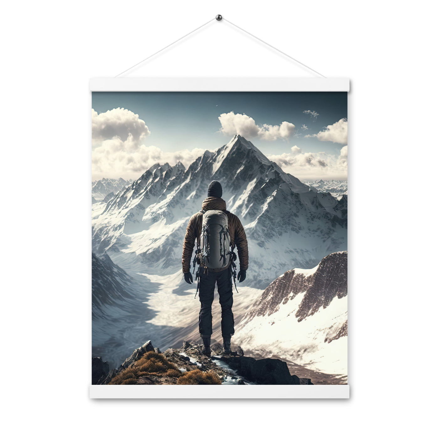 Wanderer auf Berg von hinten - Malerei - Premium Poster mit Aufhängung berge xxx Weiß 40.6 x 50.8 cm