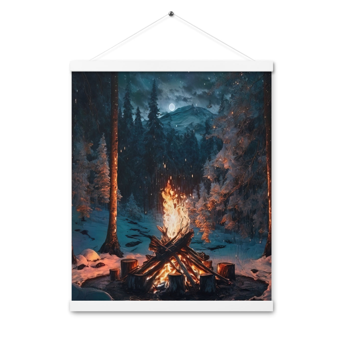 Lagerfeuer beim Camping - Wald mit Schneebedeckten Bäumen - Malerei - Premium Poster mit Aufhängung camping xxx 40.6 x 50.8 cm
