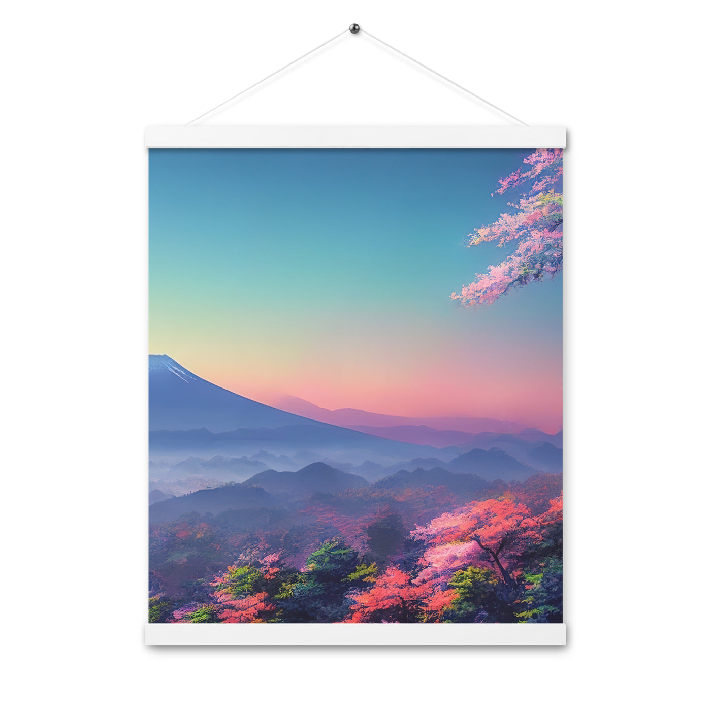 Berg und Wald mit pinken Bäumen - Landschaftsmalerei - Premium Poster mit Aufhängung berge xxx Weiß 40.6 x 50.8 cm