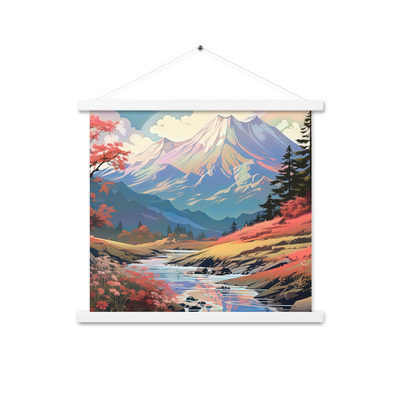 Berge. Fluss und Blumen - Malerei - Premium Poster mit Aufhängung berge xxx 45.7 x 45.7 cm