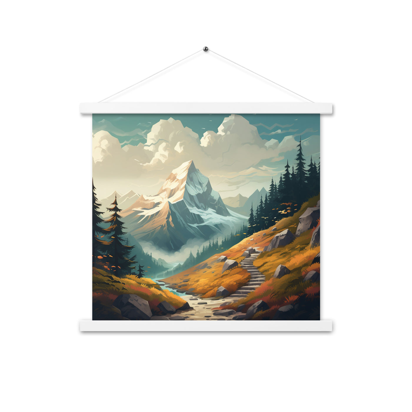 Berge, Wald und Wanderweg - Malerei - Premium Poster mit Aufhängung berge xxx 45.7 x 45.7 cm
