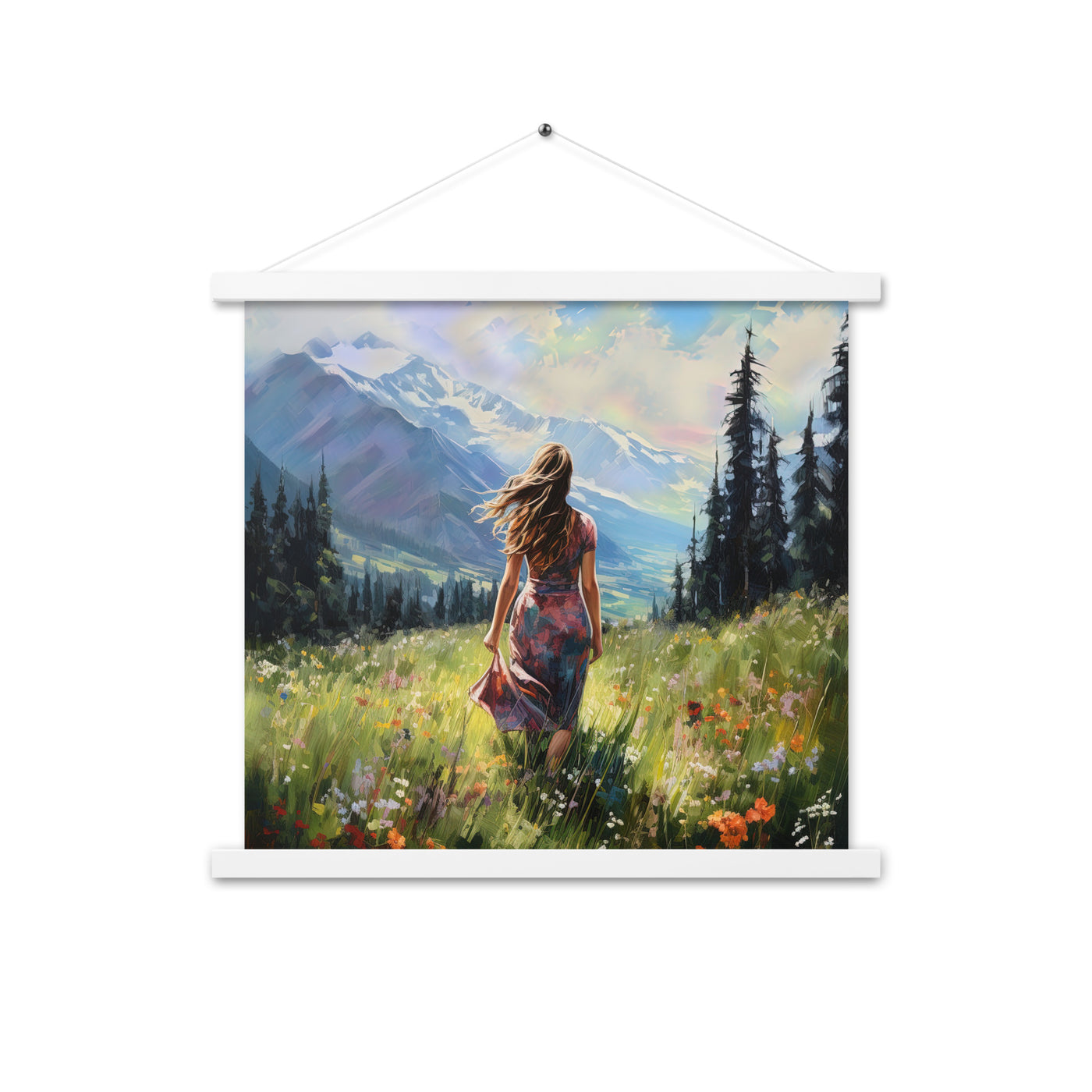 Frau mit langen Kleid im Feld mit Blumen - Berge im Hintergrund - Malerei - Premium Poster mit Aufhängung berge xxx 45.7 x 45.7 cm