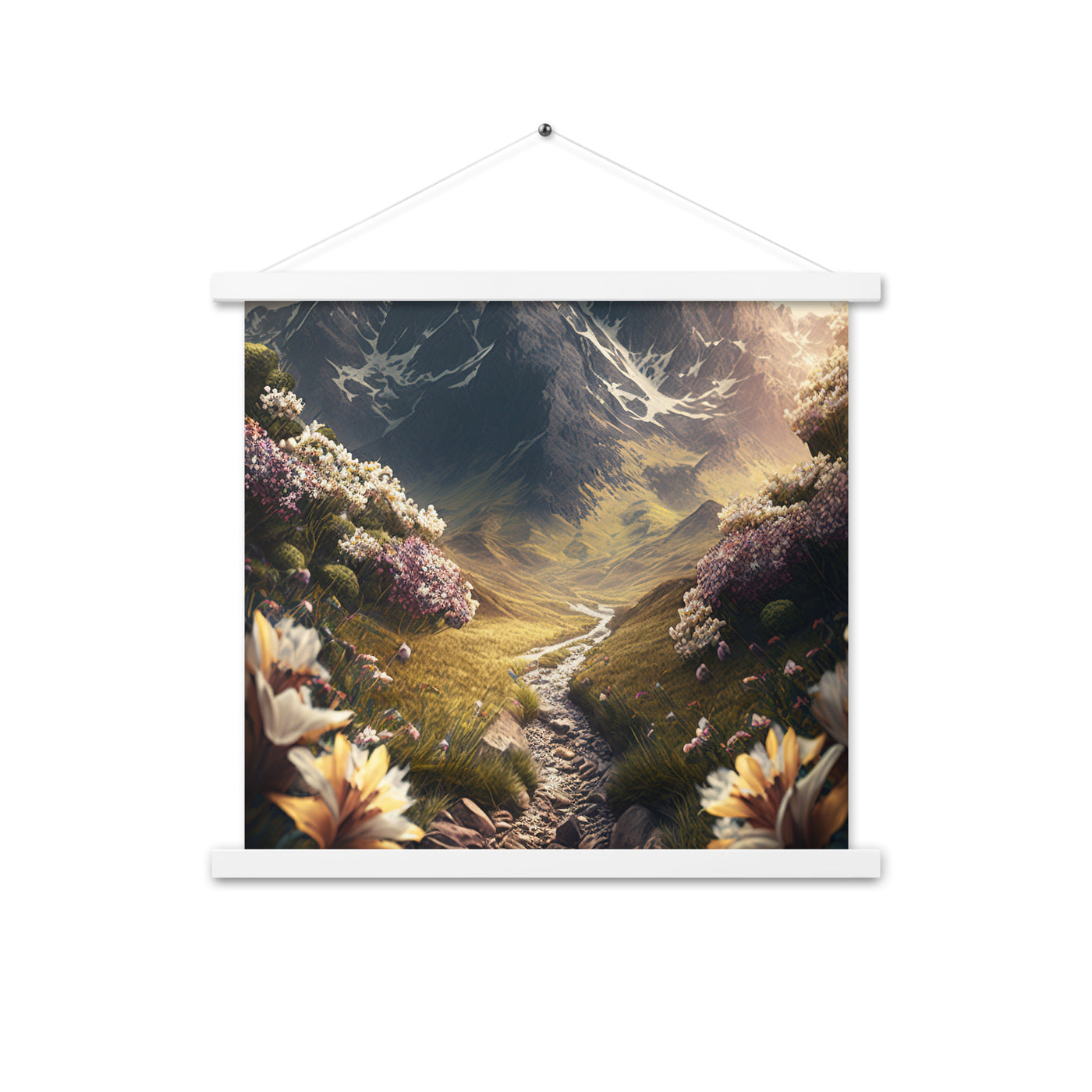 Epischer Berg, steiniger Weg und Blumen - Realistische Malerei - Premium Poster mit Aufhängung berge xxx 45.7 x 45.7 cm