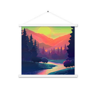 Berge, Fluss, Sonnenuntergang - Malerei - Premium Poster mit Aufhängung berge xxx 45.7 x 45.7 cm