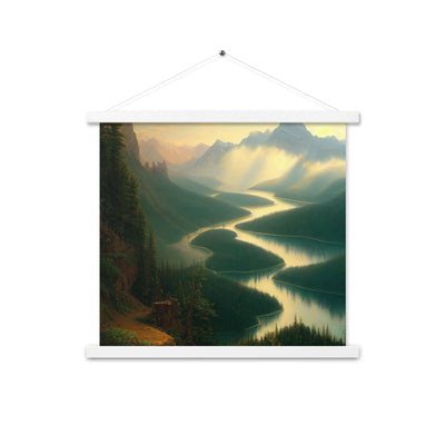 Landschaft mit Bergen, See und viel grüne Natur - Malerei - Premium Poster mit Aufhängung berge xxx 45.7 x 45.7 cm