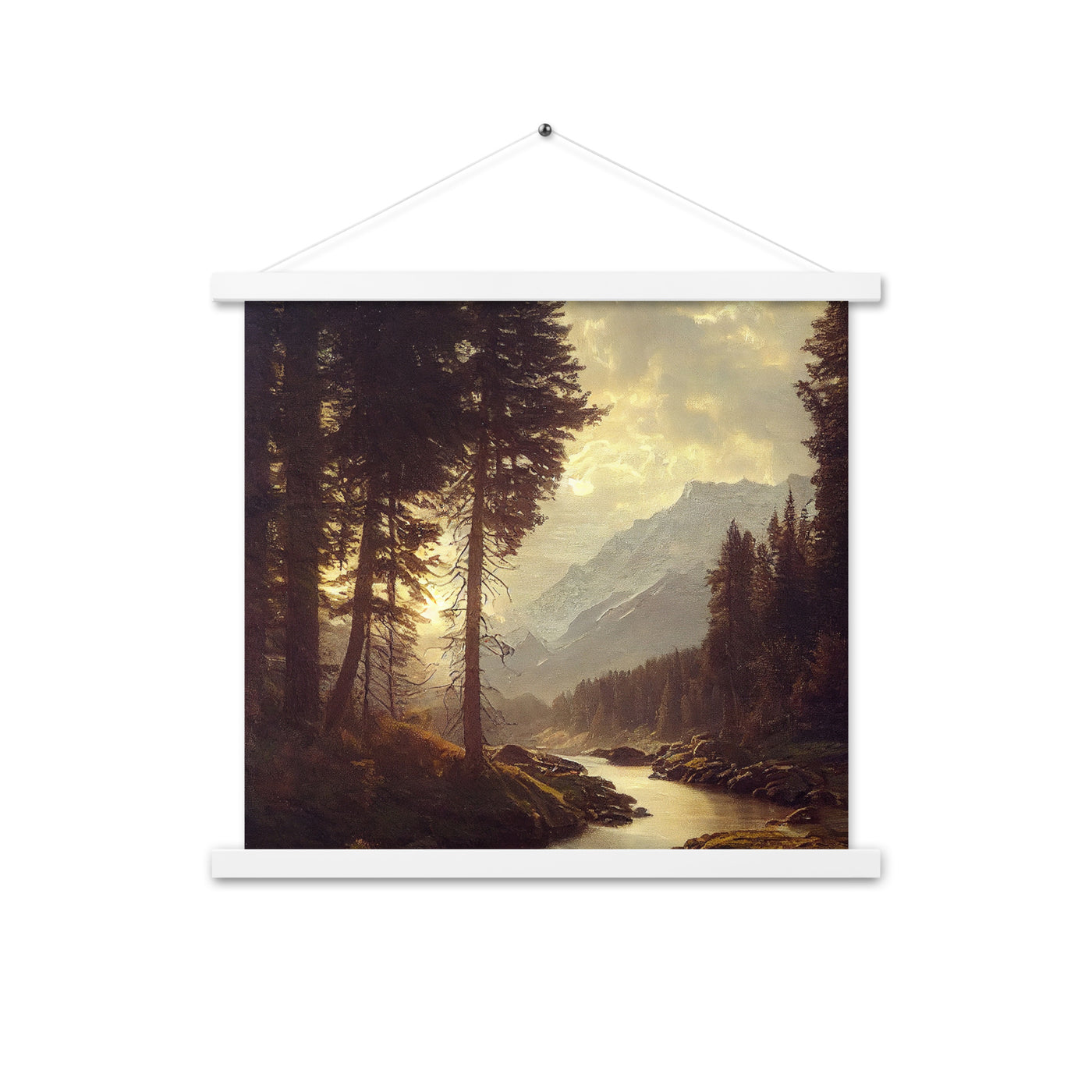 Landschaft mit Bergen, Fluss und Bäumen - Malerei - Premium Poster mit Aufhängung berge xxx 45.7 x 45.7 cm
