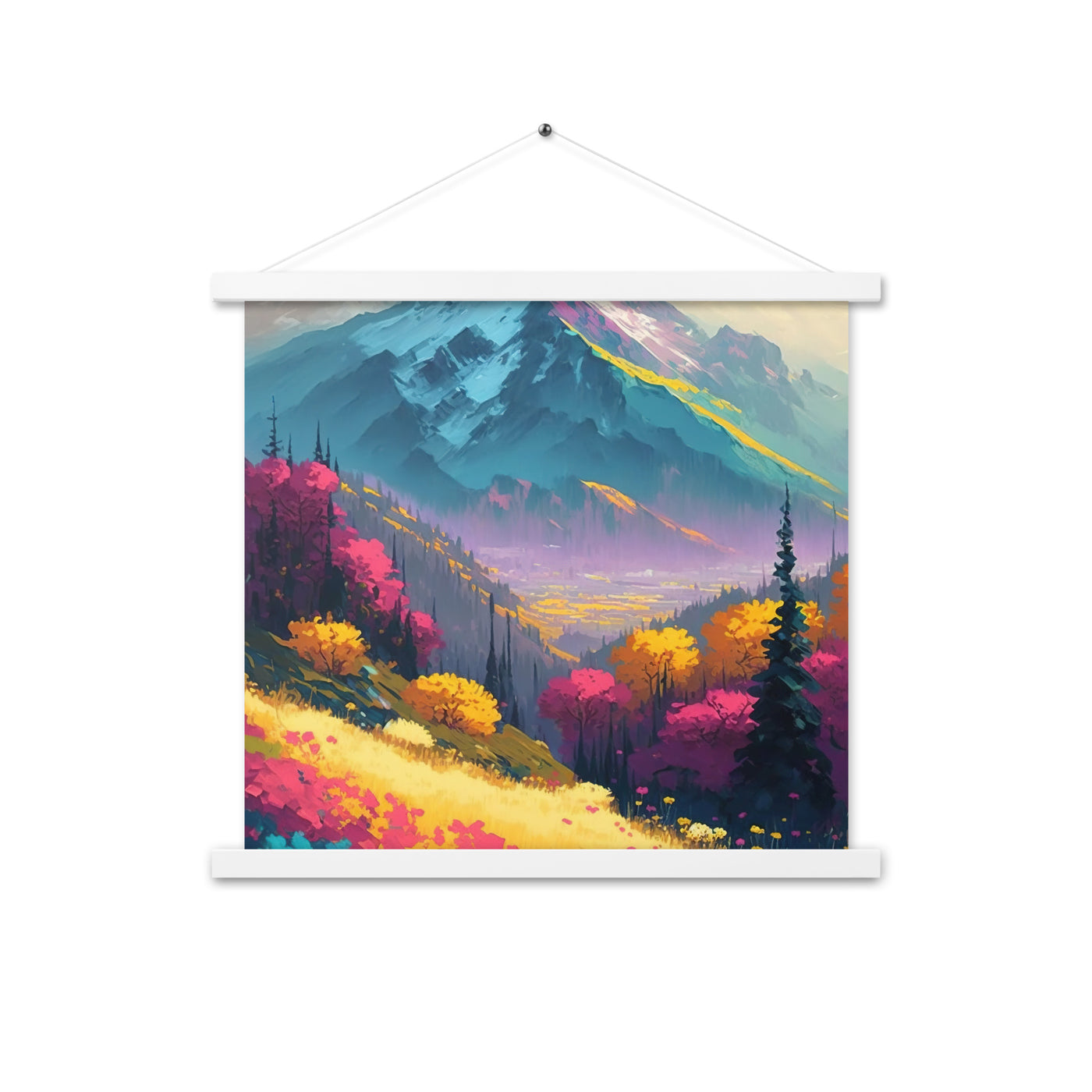 Berge, pinke und gelbe Bäume, sowie Blumen - Farbige Malerei - Premium Poster mit Aufhängung berge xxx 45.7 x 45.7 cm