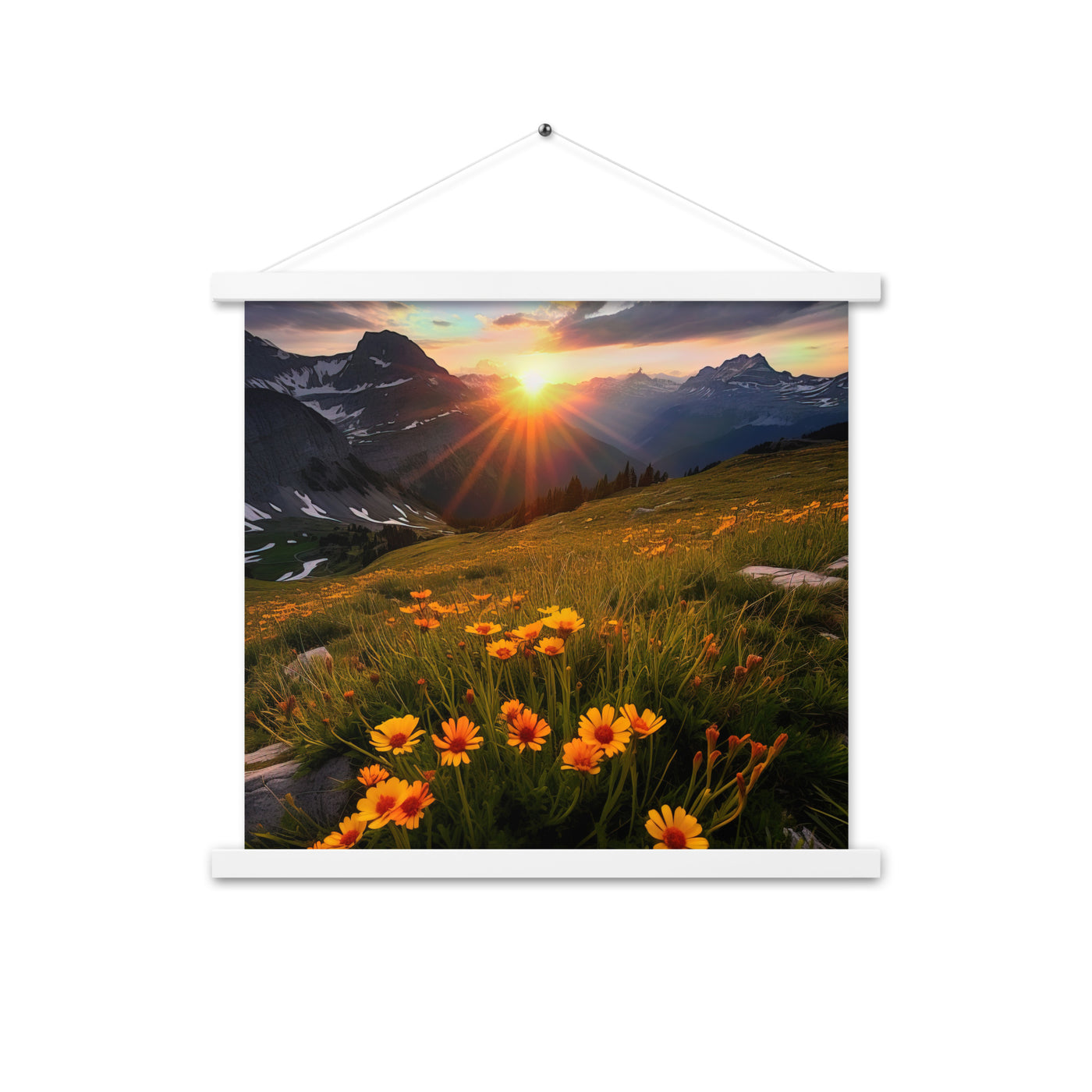 Gebirge, Sonnenblumen und Sonnenaufgang - Premium Poster mit Aufhängung berge xxx 45.7 x 45.7 cm