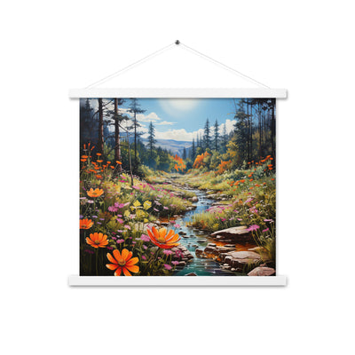 Berge, schöne Blumen und Bach im Wald - Premium Poster mit Aufhängung berge xxx 45.7 x 45.7 cm
