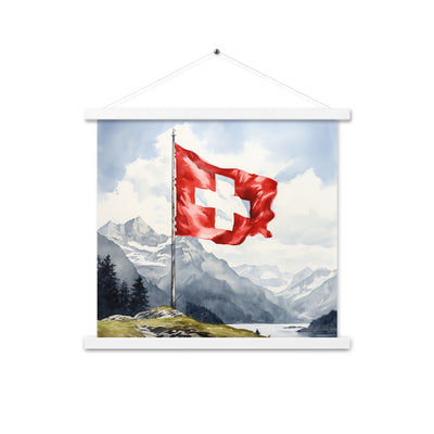 Schweizer Flagge und Berge im Hintergrund - Epische Stimmung - Malerei - Premium Poster mit Aufhängung berge xxx 45.7 x 45.7 cm