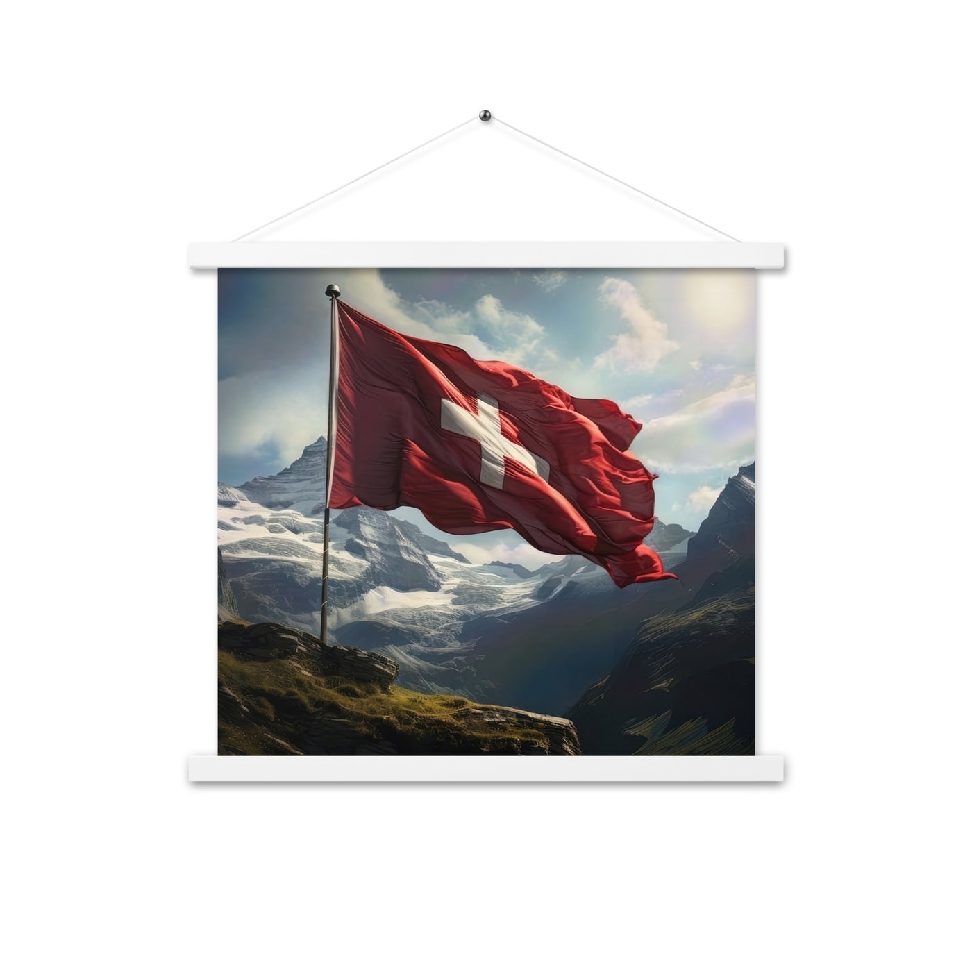 Schweizer Flagge und Berge im Hintergrund - Fotorealistische Malerei - Premium Poster mit Aufhängung berge xxx 45.7 x 45.7 cm