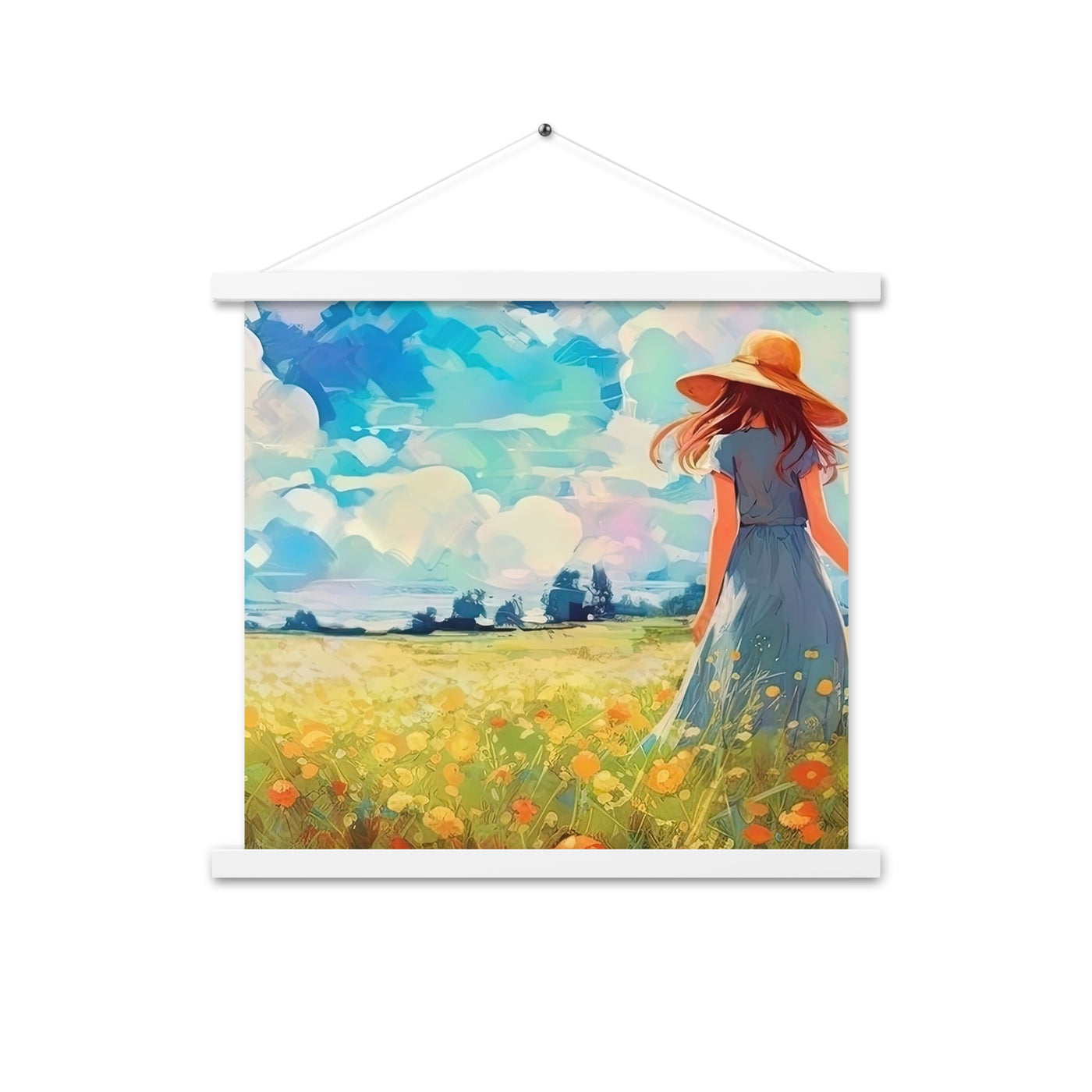 Dame mit Hut im Feld mit Blumen - Landschaftsmalerei - Premium Poster mit Aufhängung camping xxx 45.7 x 45.7 cm