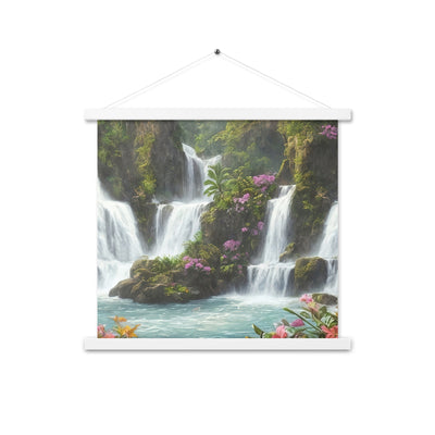 Wasserfall im Wald und Blumen - Schöne Malerei - Premium Poster mit Aufhängung camping xxx 45.7 x 45.7 cm