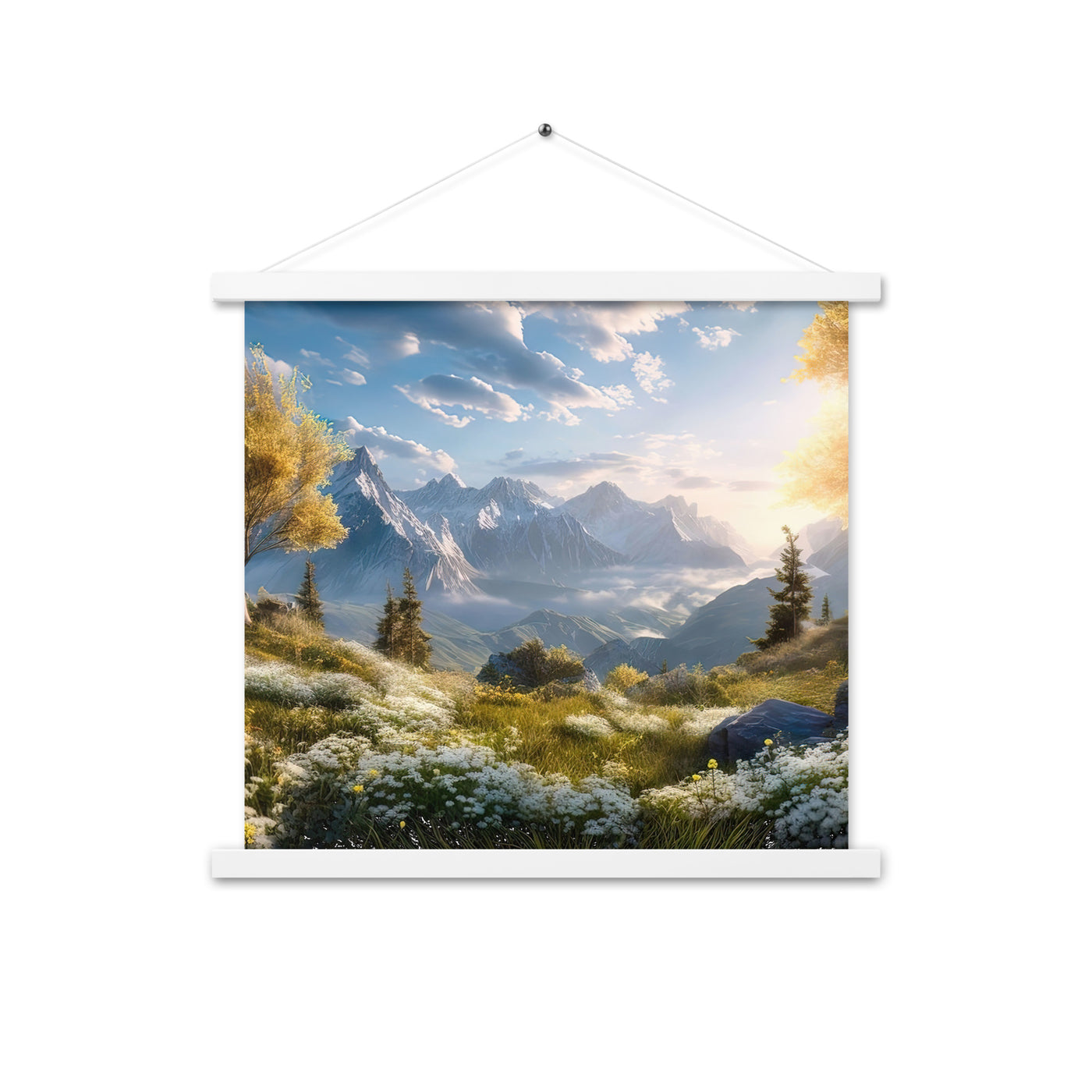 Berglandschaft mit Sonnenschein, Blumen und Bäumen - Malerei - Premium Poster mit Aufhängung berge xxx 45.7 x 45.7 cm