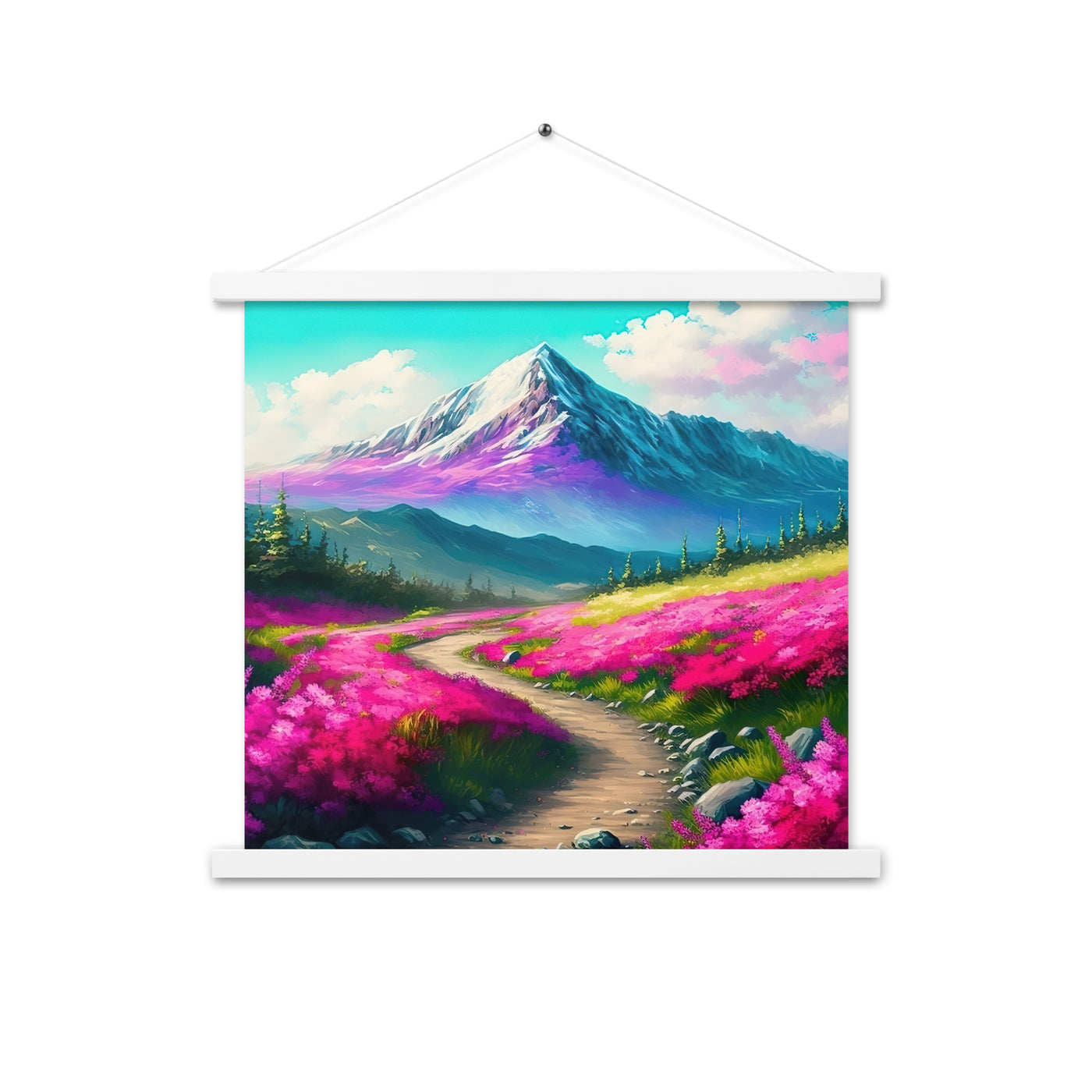 Berg, pinke Blumen und Wanderweg - Landschaftsmalerei - Premium Poster mit Aufhängung berge xxx 45.7 x 45.7 cm