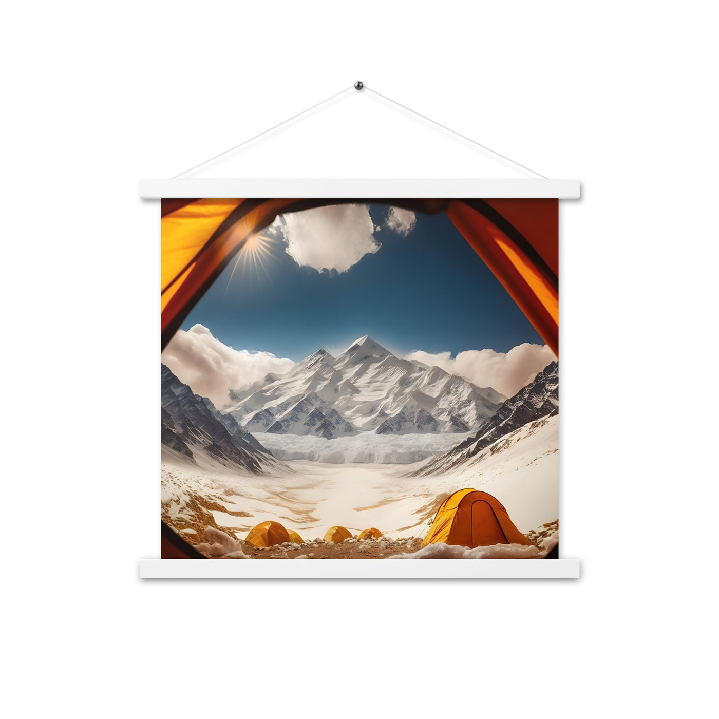 Foto aus dem Zelt - Berge und Zelte im Hintergrund - Tagesaufnahme - Premium Poster mit Aufhängung camping xxx 45.7 x 45.7 cm