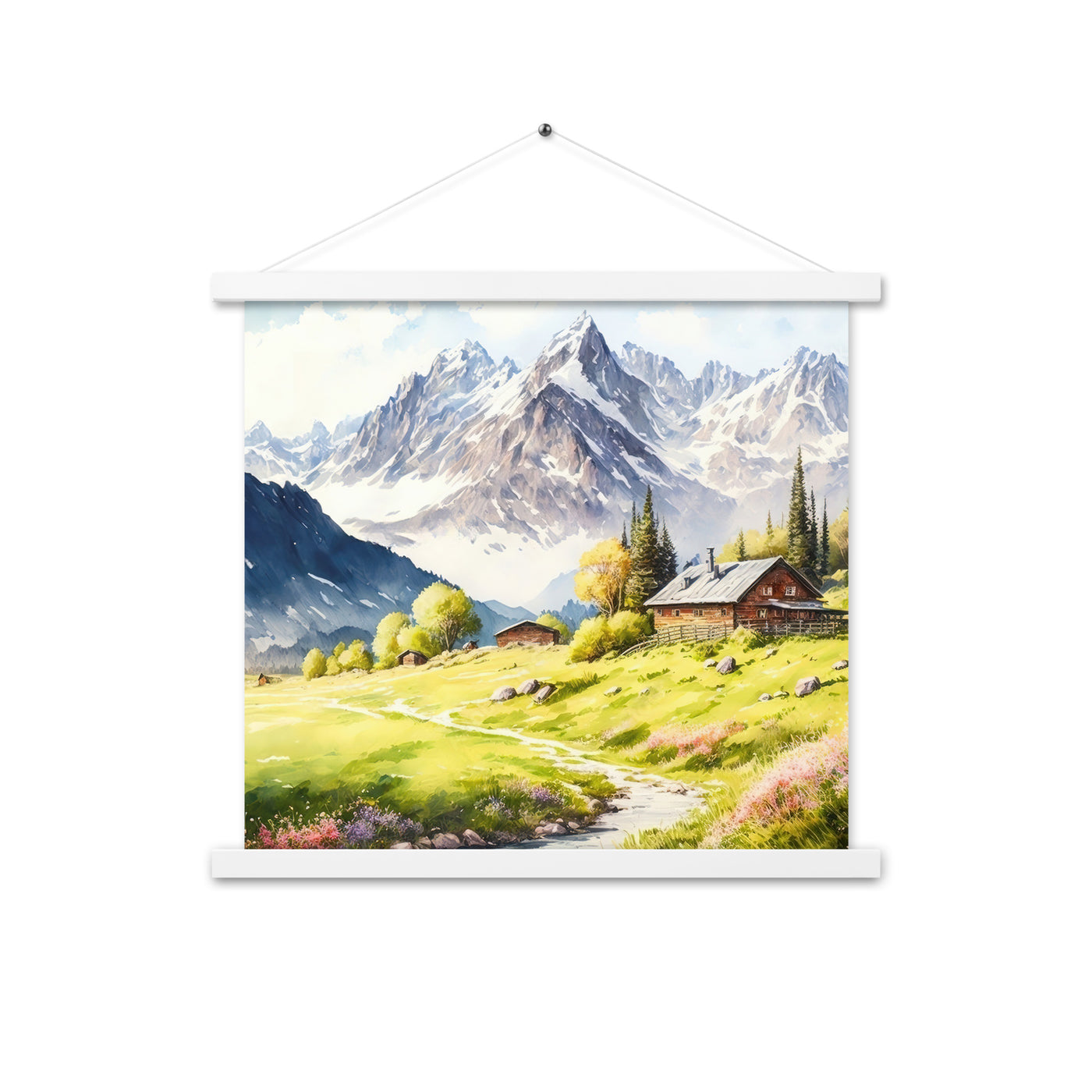 Epische Berge und Berghütte - Landschaftsmalerei - Premium Poster mit Aufhängung berge xxx 45.7 x 45.7 cm
