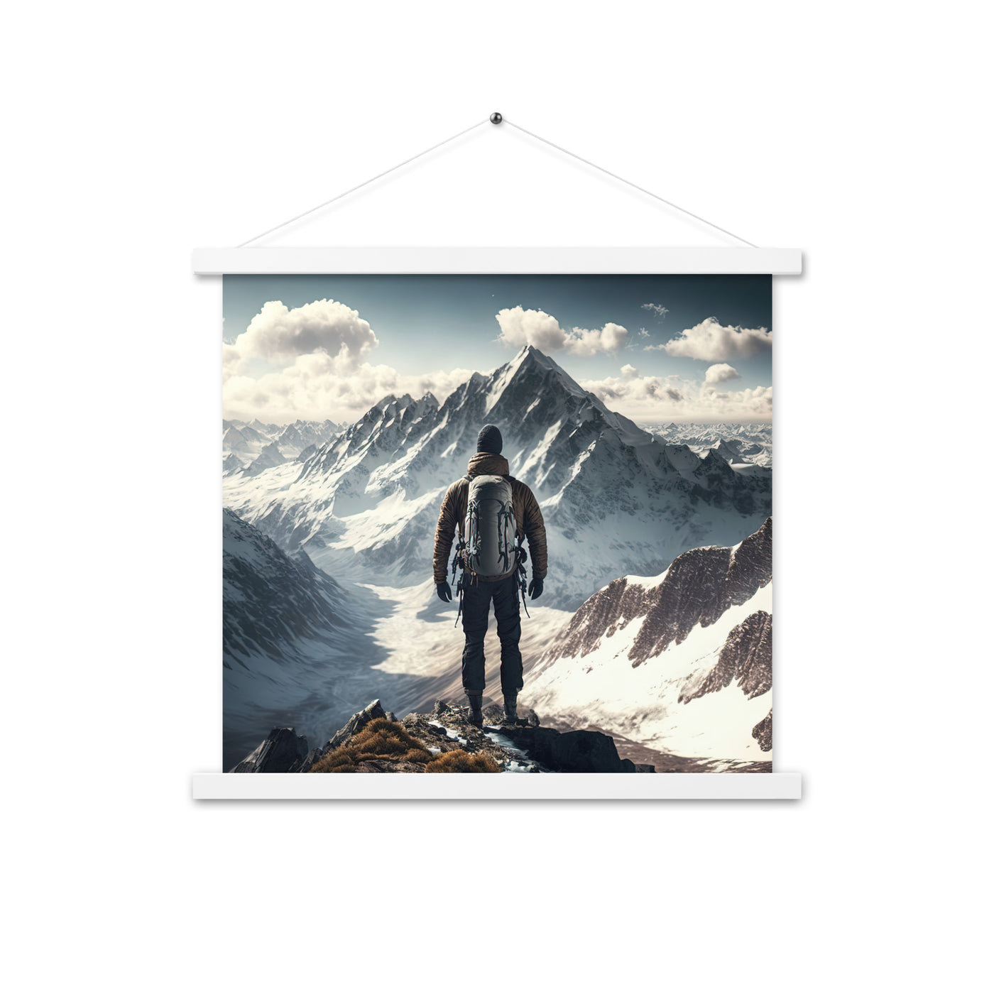 Wanderer auf Berg von hinten - Malerei - Premium Poster mit Aufhängung berge xxx Weiß 45.7 x 45.7 cm