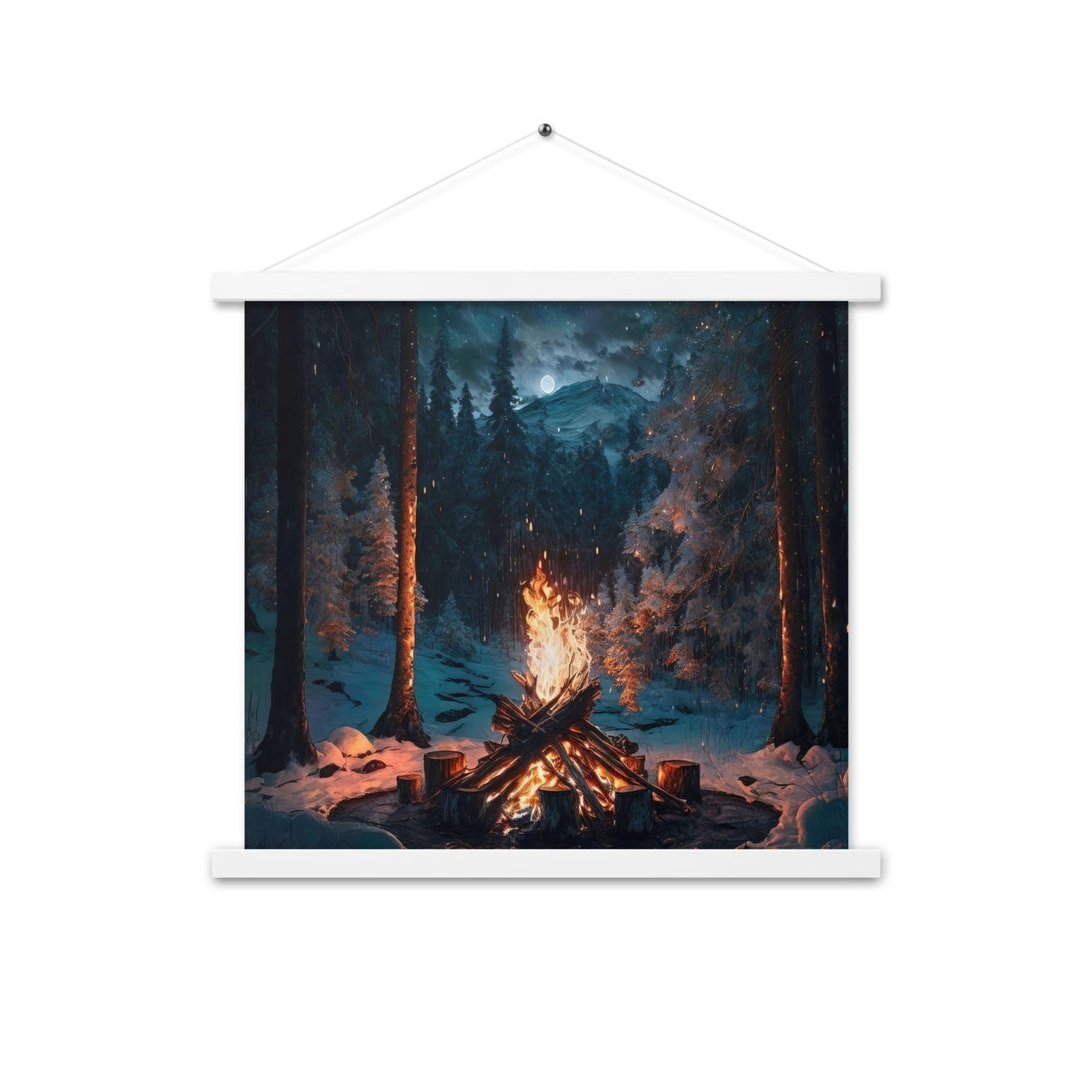Lagerfeuer beim Camping - Wald mit Schneebedeckten Bäumen - Malerei - Premium Poster mit Aufhängung camping xxx 45.7 x 45.7 cm