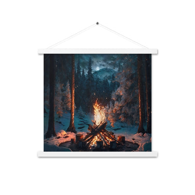 Lagerfeuer beim Camping - Wald mit Schneebedeckten Bäumen - Malerei - Premium Poster mit Aufhängung camping xxx 45.7 x 45.7 cm
