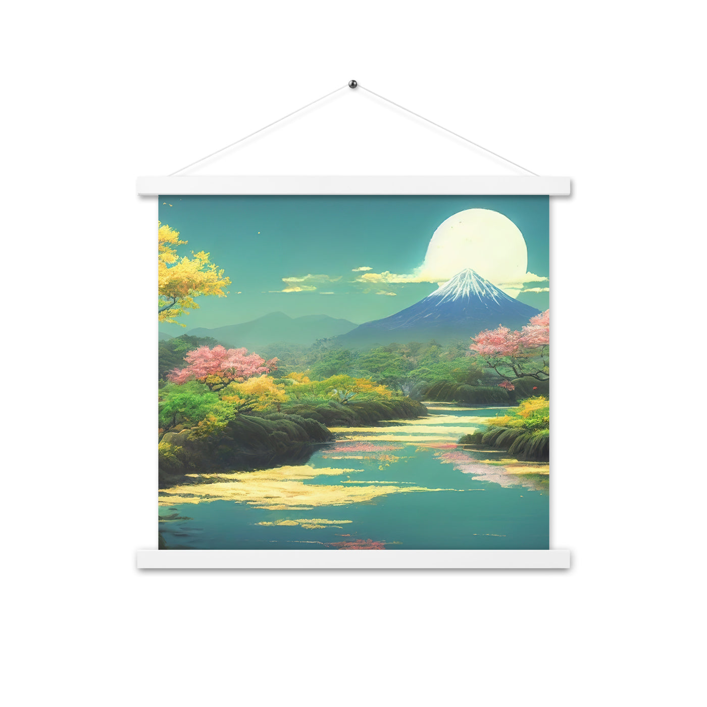 Berg, See und Wald mit pinken Bäumen - Landschaftsmalerei - Premium Poster mit Aufhängung berge xxx 45.7 x 45.7 cm