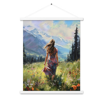 Frau mit langen Kleid im Feld mit Blumen - Berge im Hintergrund - Malerei - Premium Poster mit Aufhängung berge xxx 45.7 x 61 cm