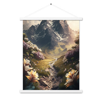 Epischer Berg, steiniger Weg und Blumen - Realistische Malerei - Premium Poster mit Aufhängung berge xxx 45.7 x 61 cm