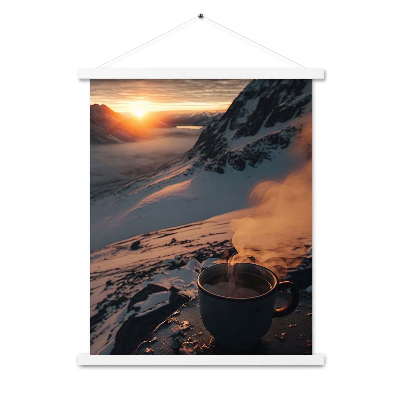 Heißer Kaffee auf einem schneebedeckten Berg - Premium Poster mit Aufhängung berge xxx 45.7 x 61 cm