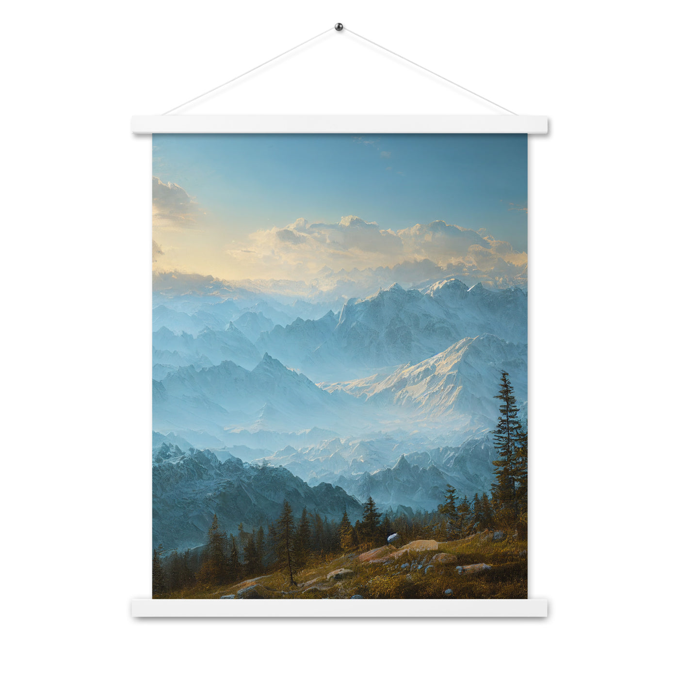 Schöne Berge mit Nebel bedeckt - Ölmalerei - Premium Poster mit Aufhängung berge xxx 45.7 x 61 cm