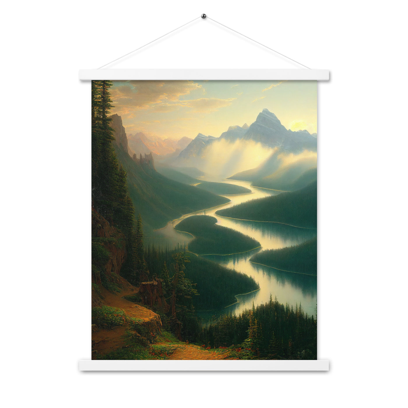 Landschaft mit Bergen, See und viel grüne Natur - Malerei - Premium Poster mit Aufhängung berge xxx 45.7 x 61 cm