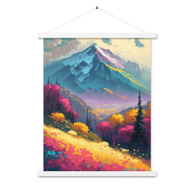 Berge, pinke und gelbe Bäume, sowie Blumen - Farbige Malerei - Premium Poster mit Aufhängung berge xxx 45.7 x 61 cm