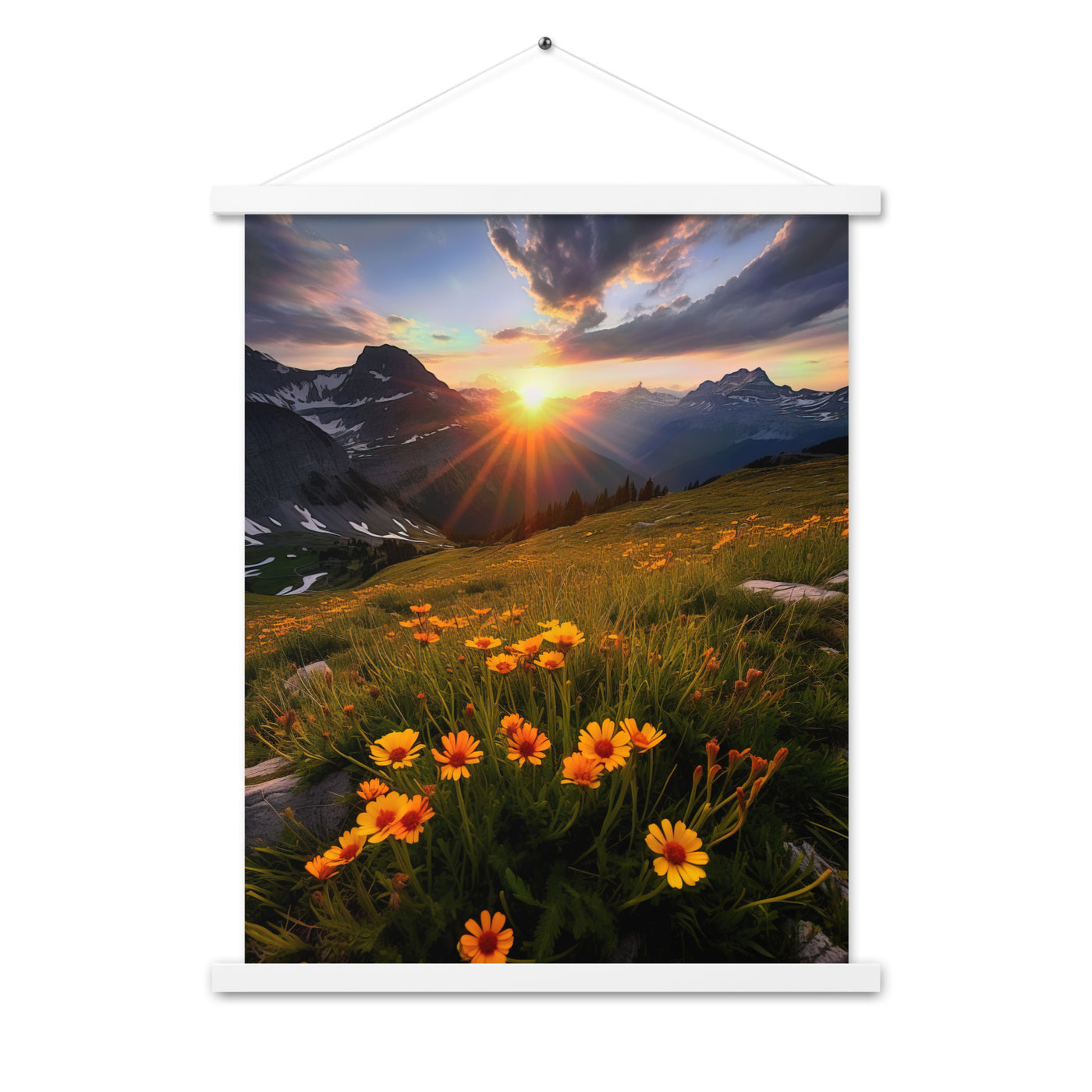Gebirge, Sonnenblumen und Sonnenaufgang - Premium Poster mit Aufhängung berge xxx 45.7 x 61 cm