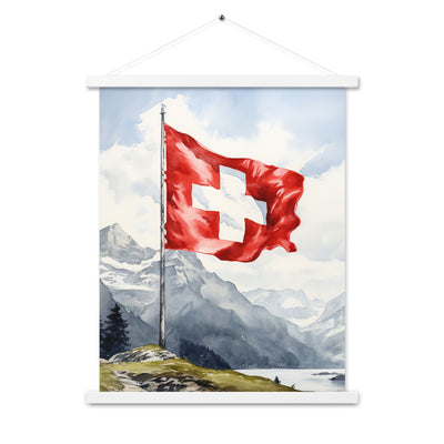 Schweizer Flagge und Berge im Hintergrund - Epische Stimmung - Malerei - Premium Poster mit Aufhängung berge xxx 45.7 x 61 cm