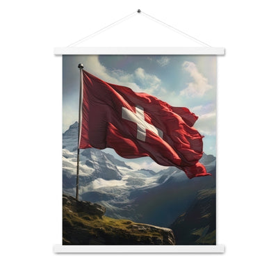 Schweizer Flagge und Berge im Hintergrund - Fotorealistische Malerei - Premium Poster mit Aufhängung berge xxx 45.7 x 61 cm