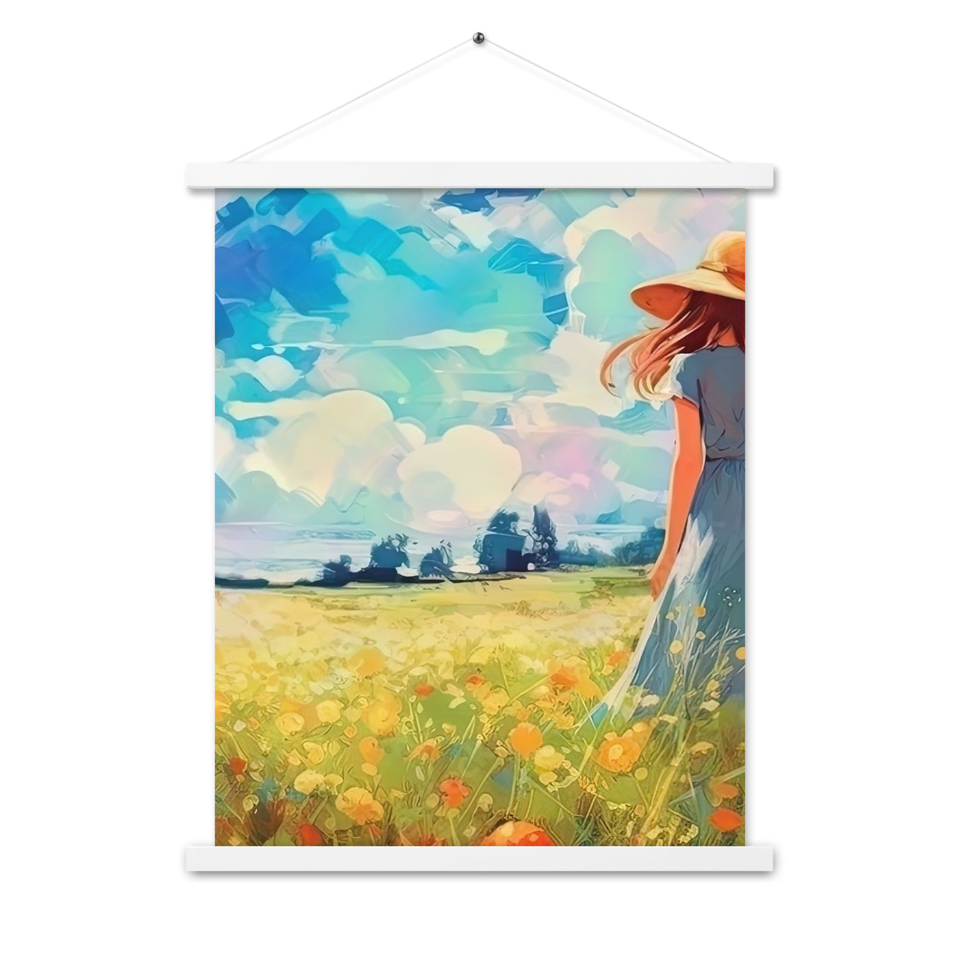 Dame mit Hut im Feld mit Blumen - Landschaftsmalerei - Premium Poster mit Aufhängung camping xxx 45.7 x 61 cm