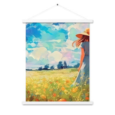 Dame mit Hut im Feld mit Blumen - Landschaftsmalerei - Premium Poster mit Aufhängung camping xxx 45.7 x 61 cm