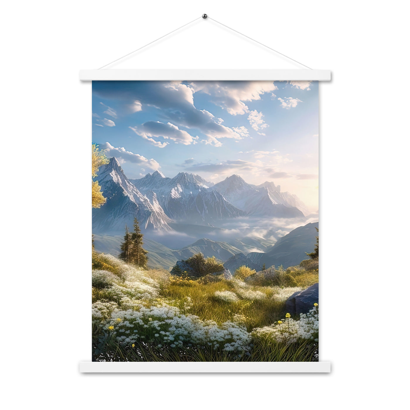 Berglandschaft mit Sonnenschein, Blumen und Bäumen - Malerei - Premium Poster mit Aufhängung berge xxx 45.7 x 61 cm