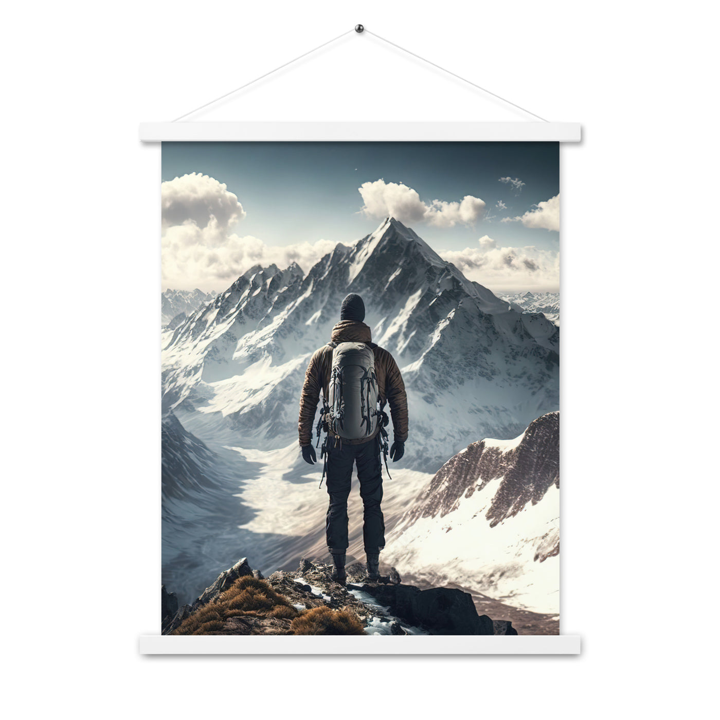 Wanderer auf Berg von hinten - Malerei - Premium Poster mit Aufhängung berge xxx Weiß 45.7 x 61 cm
