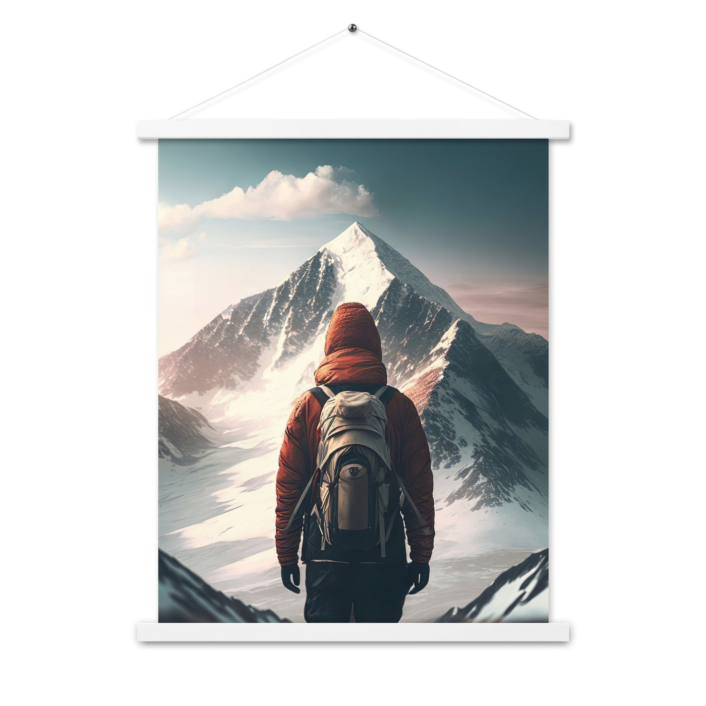 Wanderer von hinten vor einem Berg - Malerei - Premium Poster mit Aufhängung berge xxx Weiß 45.7 x 61 cm
