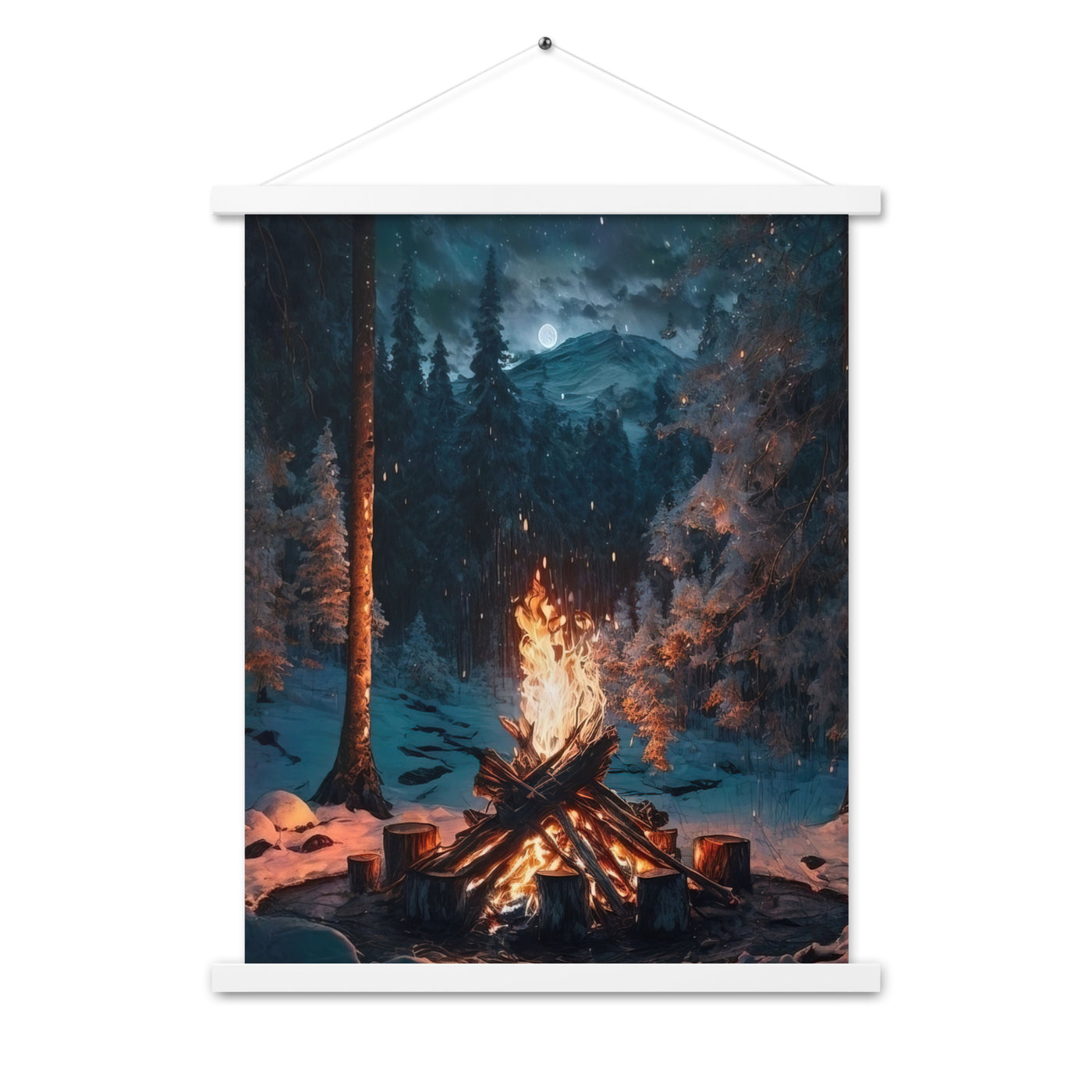 Lagerfeuer beim Camping - Wald mit Schneebedeckten Bäumen - Malerei - Premium Poster mit Aufhängung camping xxx 45.7 x 61 cm