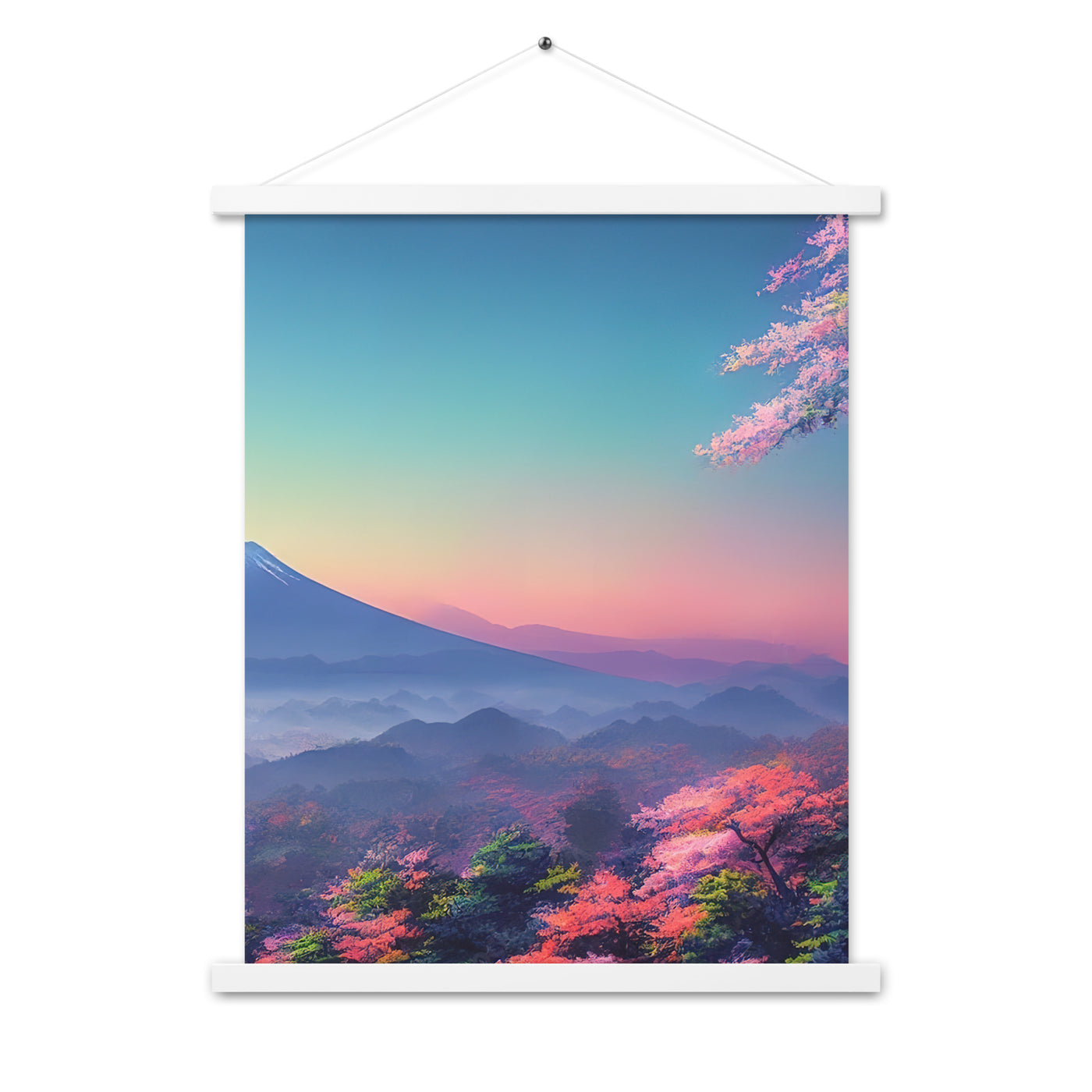 Berg und Wald mit pinken Bäumen - Landschaftsmalerei - Premium Poster mit Aufhängung berge xxx Weiß 45.7 x 61 cm