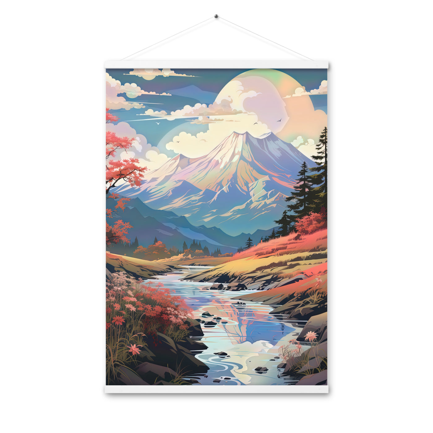 Berge. Fluss und Blumen - Malerei - Premium Poster mit Aufhängung berge xxx 61 x 91.4 cm