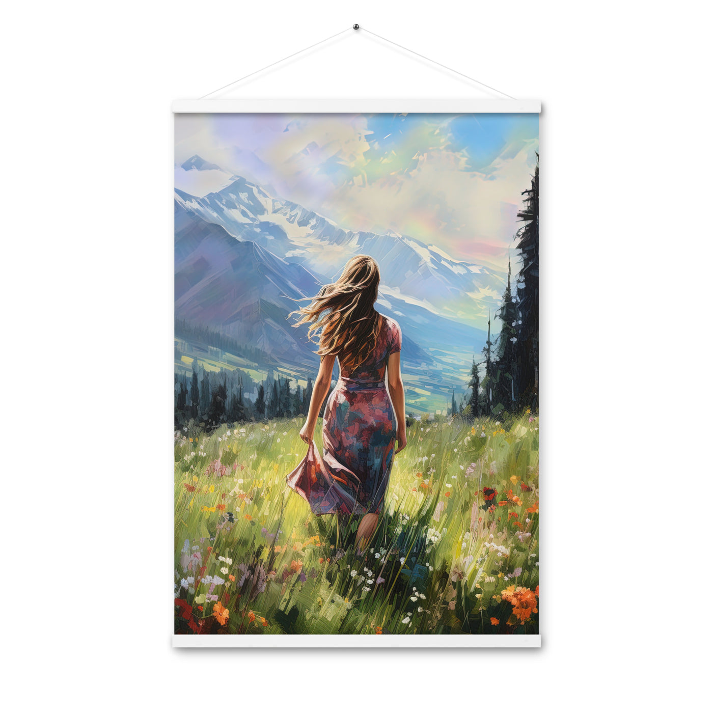 Frau mit langen Kleid im Feld mit Blumen - Berge im Hintergrund - Malerei - Premium Poster mit Aufhängung berge xxx 61 x 91.4 cm